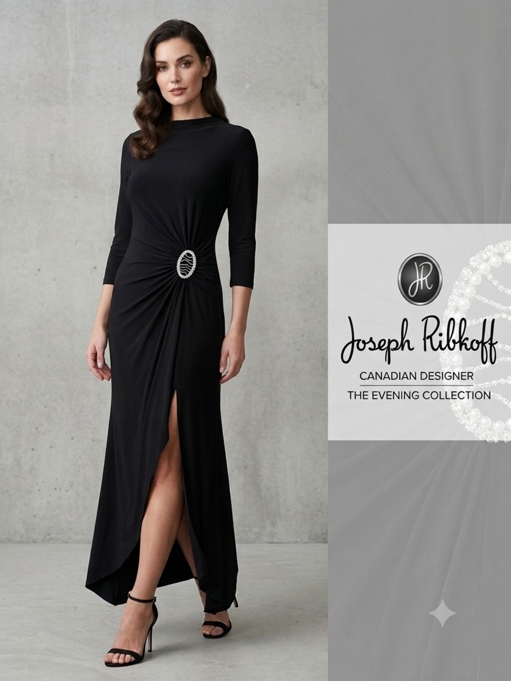 Joseph Ribkoff Black Draped Maxi Dress with Decorative Buckle